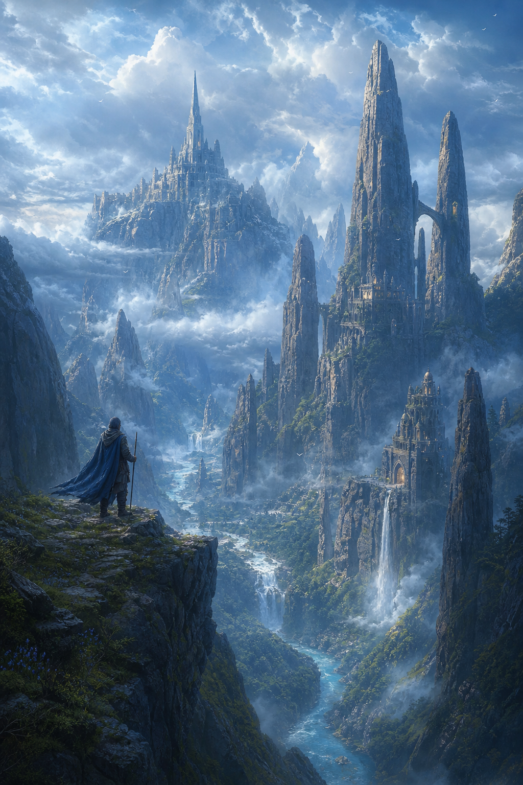 Misty mountain realm with ancient spires