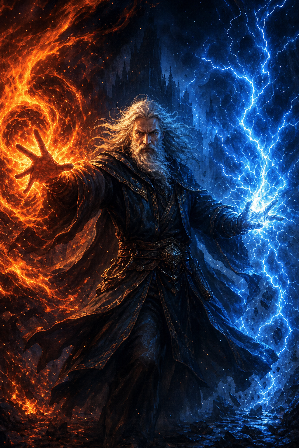 Wizard casting fire and lightning magic