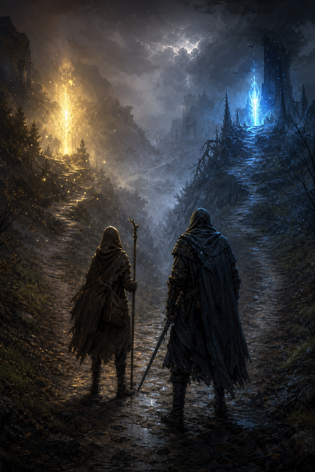 Travelers facing glowing lights on a dark path