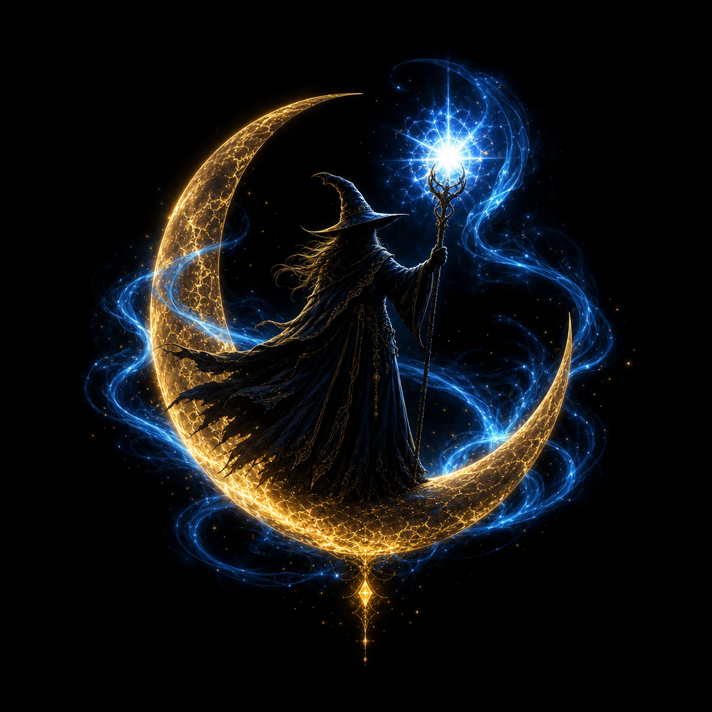 A wizard standing on a glowing crescent moon with a radiant staff